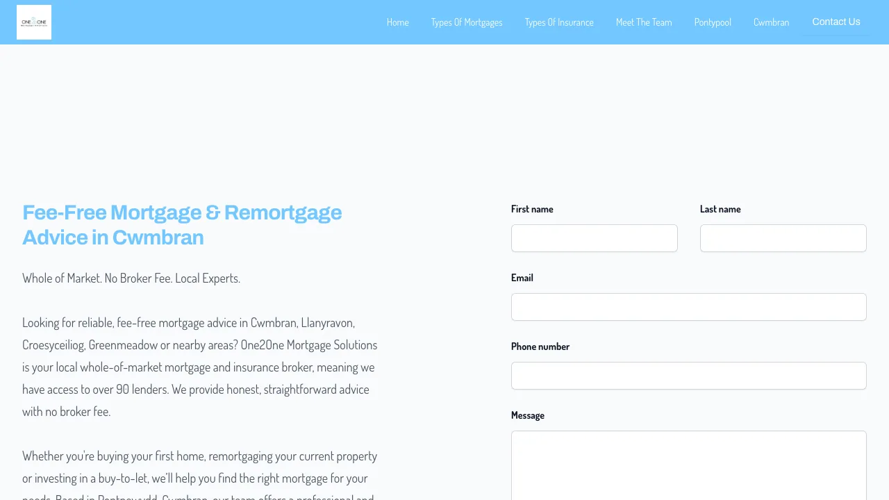One2One Mortgage Solutions Cwmbran website preview