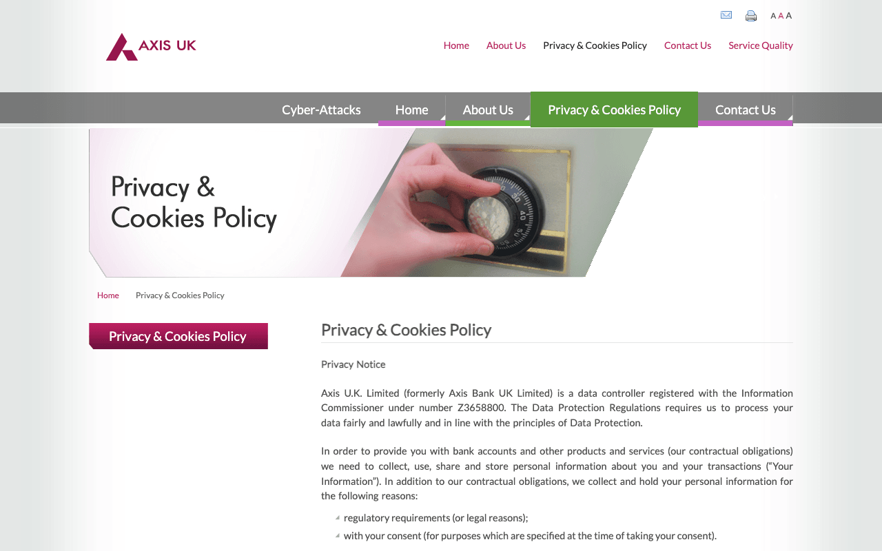 Axis Bank UK website preview