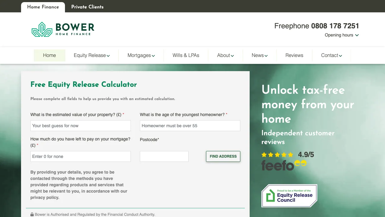 Bower Home Finance Mortgage and Equity Release Advisers website preview