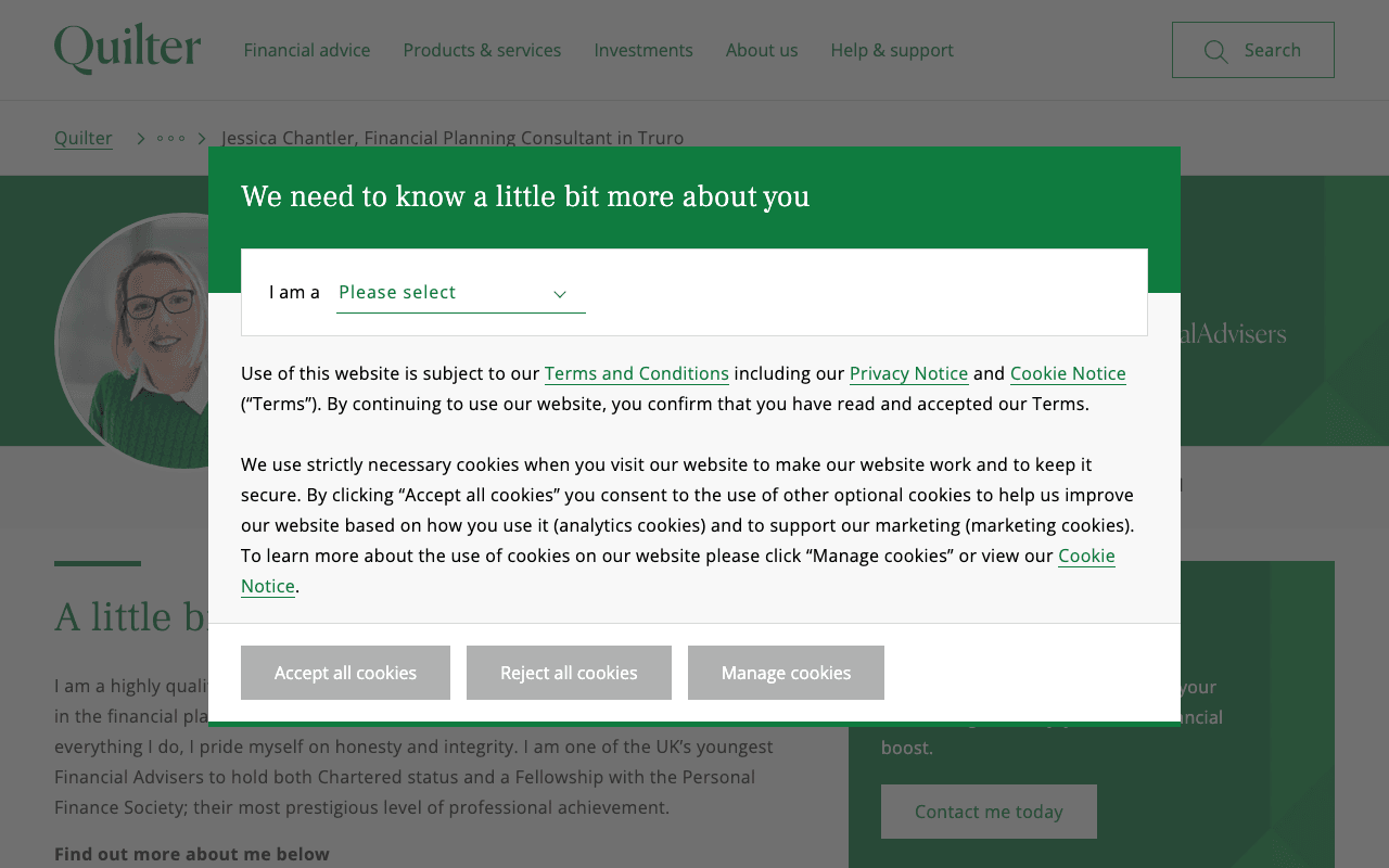 Jessica Chantler Quilter Financial Advisers website preview